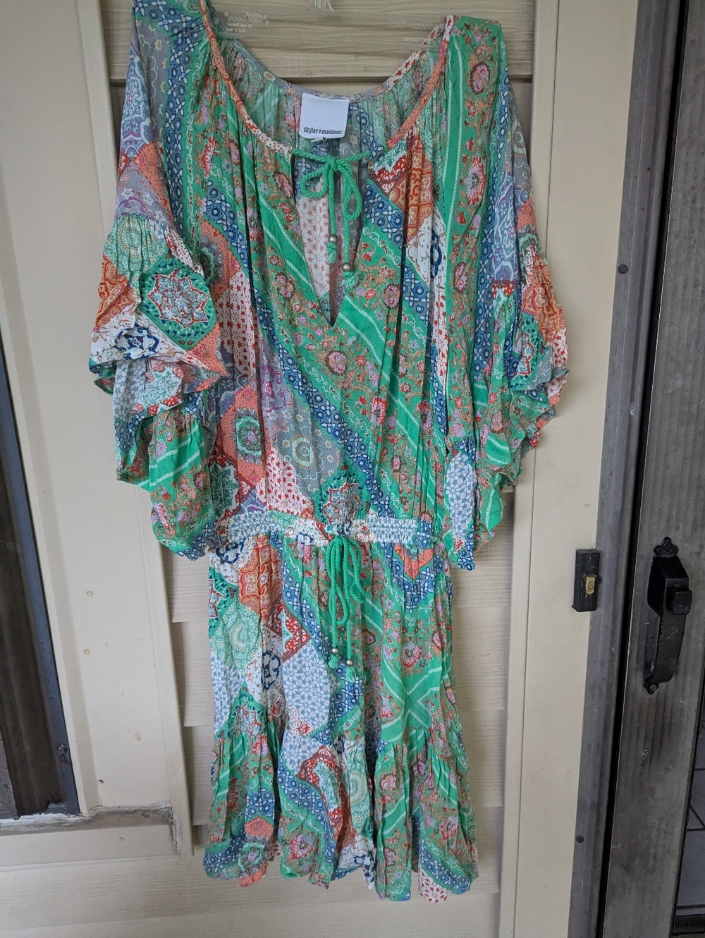 Boho Patchwork Green Floral Tie-Waist Dress